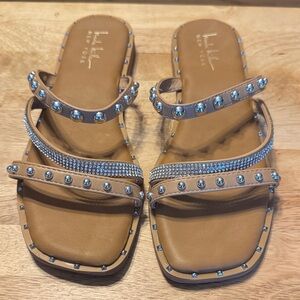 Nicole Miller Tan Sandals with Rhinestone Accents